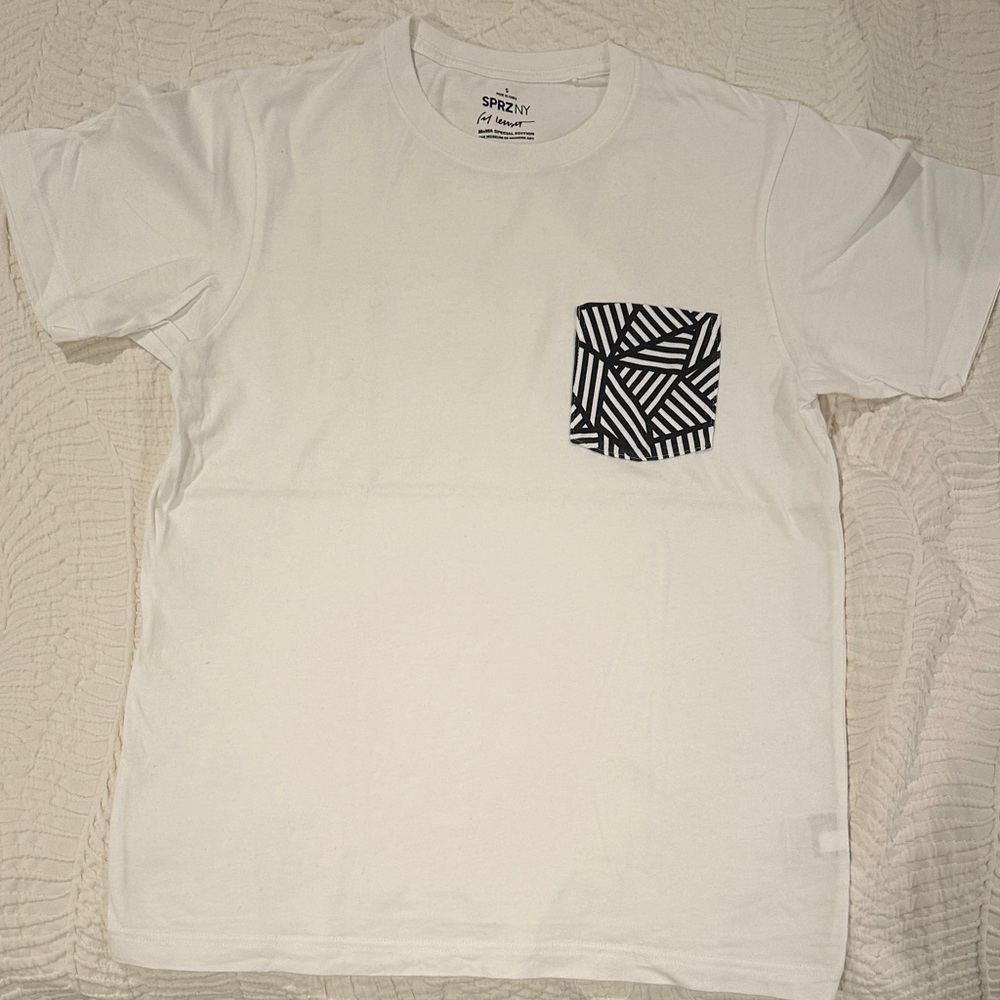 SPRZ NY  White Tee with Geometric Black Pocket